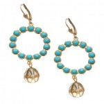 Turquoise Bead and White Enamel Flower Drop Earrings