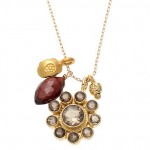 Smoky Quartz Flower Pendant Necklace with Garnet Drop and Flower Charm