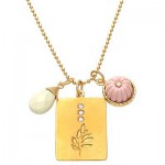 Coral Quartz, Ivory Quartz, and Cubic Zirconia Leaf Pendant Necklace