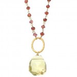 Lemon Quartz Circle Pendant on Garnet Bead Necklace