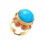 Gold Vermeil Cabochon Turquoise and Coral Gypsy Ring